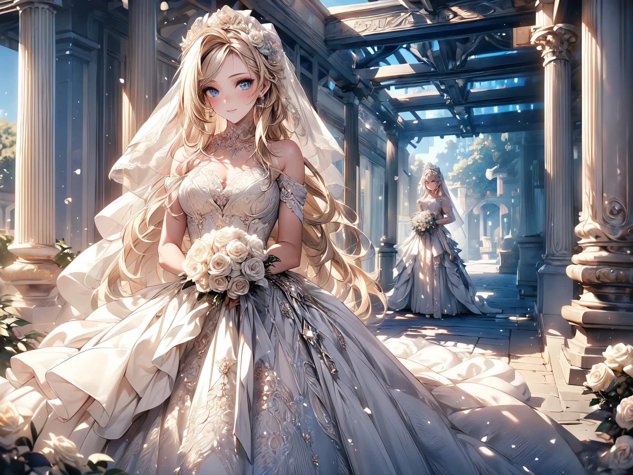 (masterpiece, best quality, beautiful and aesthetic:1.3), looking at viewer, 1girl, solo, light smile, (makeup, long hair, light beige hair, blue eyes:1.2), Octane Render, bridal veil, lace-trimmed dress, see-through, wedding dress, outdoors, white roses, garden, morning, standing, extreme detailed, 