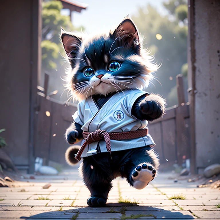 highest quality,Very detailed,Realistic,photoRealistic:1.37),Raising his leg、Shaggy Black Cat,adorable,soft,fuzzy,Playful,Expressive blue eyes,small, rounded body,Small feet、Doing Tai Chi,Vibrant colors,Warm lighting,、Black cat、black cat、Are standing、blue sky background、White karate uniform、White karate uniform、blue sky、Surprised、（Is kicking:1.5）
