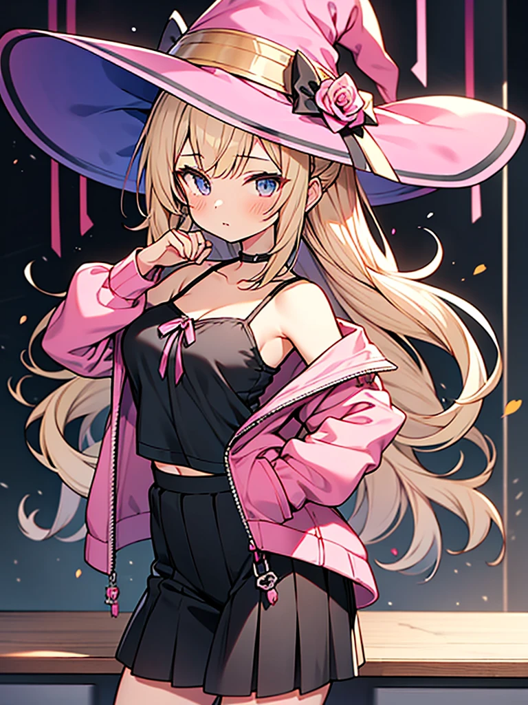 estilo anime,menina de 13 anos,Rosa Jacket,black camisole with Rosa ribbon,Rosa_bruxa_hat with Rosa rose accessories,black skirt with Rosa frill,Cabelo enrolado vertical estilo Gyaru,seios médios,sala de aula,