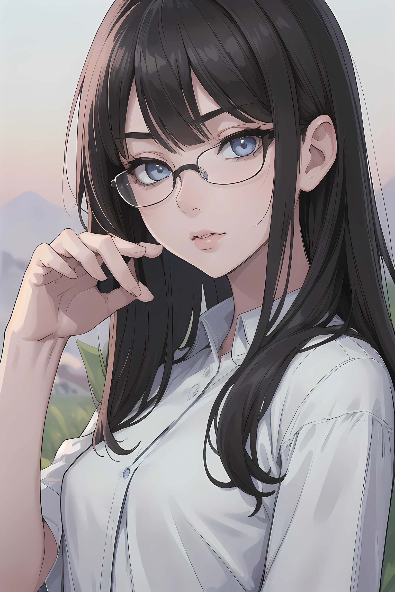 best quality, (((ultra detailed, 8k quality))), expressive eyes, perfect face, perfect anatomy, perfect body, (realistic), (((1woman, beautiful woman))), (close up, portrait), (black hair, medium hair, crossed bangs), (beautiful blue eyes, mascara, black eyeliners), (glasses with white frames), (slender, , small breasts), ((light blue shirt)), (open fields background, amaryllis), snake eyes