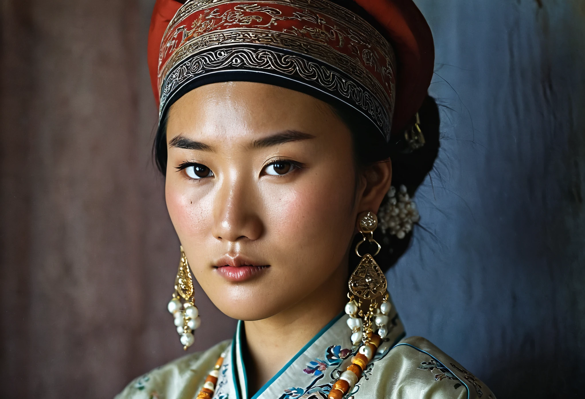 Portrait of 25  Years old Young Mongolian woman in an elegant traditional outfit, Showing off her calm and sad face with brown eyes, an amature woman with wrinkles, a turban, and big earrings looks into the camera,The images are extremely realistic.,Photographs like the Geographic style of Nation magazine.,Professional documentary work,realistic details,natural light, Rim Light,Studio Light,photo inside Mongolian tent