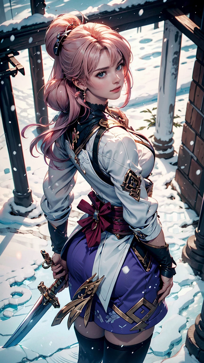 Extreme Detail, perfection, aerial photograph, Like a work of art, Anime girl with ice and snow sword, Her pink hair and long purple skirt complement each other well., Ayaka Genshin gazing into the distance, Leading to the world of Genshin.