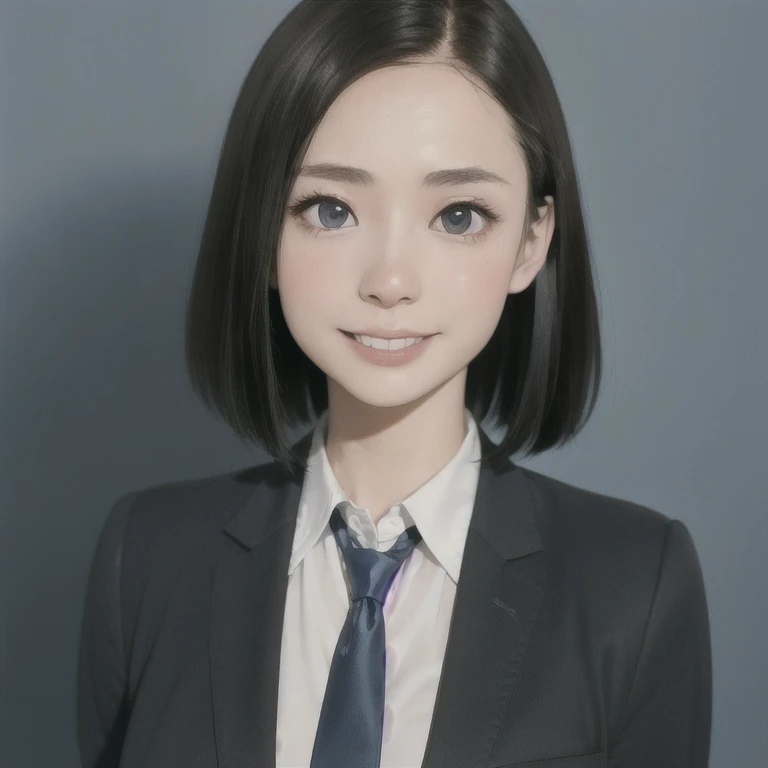 (kawaii 24 year-old Japanese girl, Nogizaka idol, Korean idol), (glossy hair, very short hair, forehead:1.3), (beautiful black eyes, rounded face, single eyelid, no makeup, laughing, even whitened teeth:1.2), (wearing suit jacket, collared shirt, necktie:1.3), (extra small breasts:0.9), (looking at camera:1.3), BREAK, (simple blue background, studio lighting:1.3), (view from forward, bust shot:1.3), BREAK, (masterpiece, best quality, photo realistic, official art:1.4), (UHD, 8K quality wallpaper, high resolution, raw photo, golden ratio:1.3), (shiny skin), professional lighting, physically based rendering, award winning, (highly detailed skin, extremely detailed face and eyes), Carl Zeiss 85 mm F/1.4, depth of field, 1girl, solo,