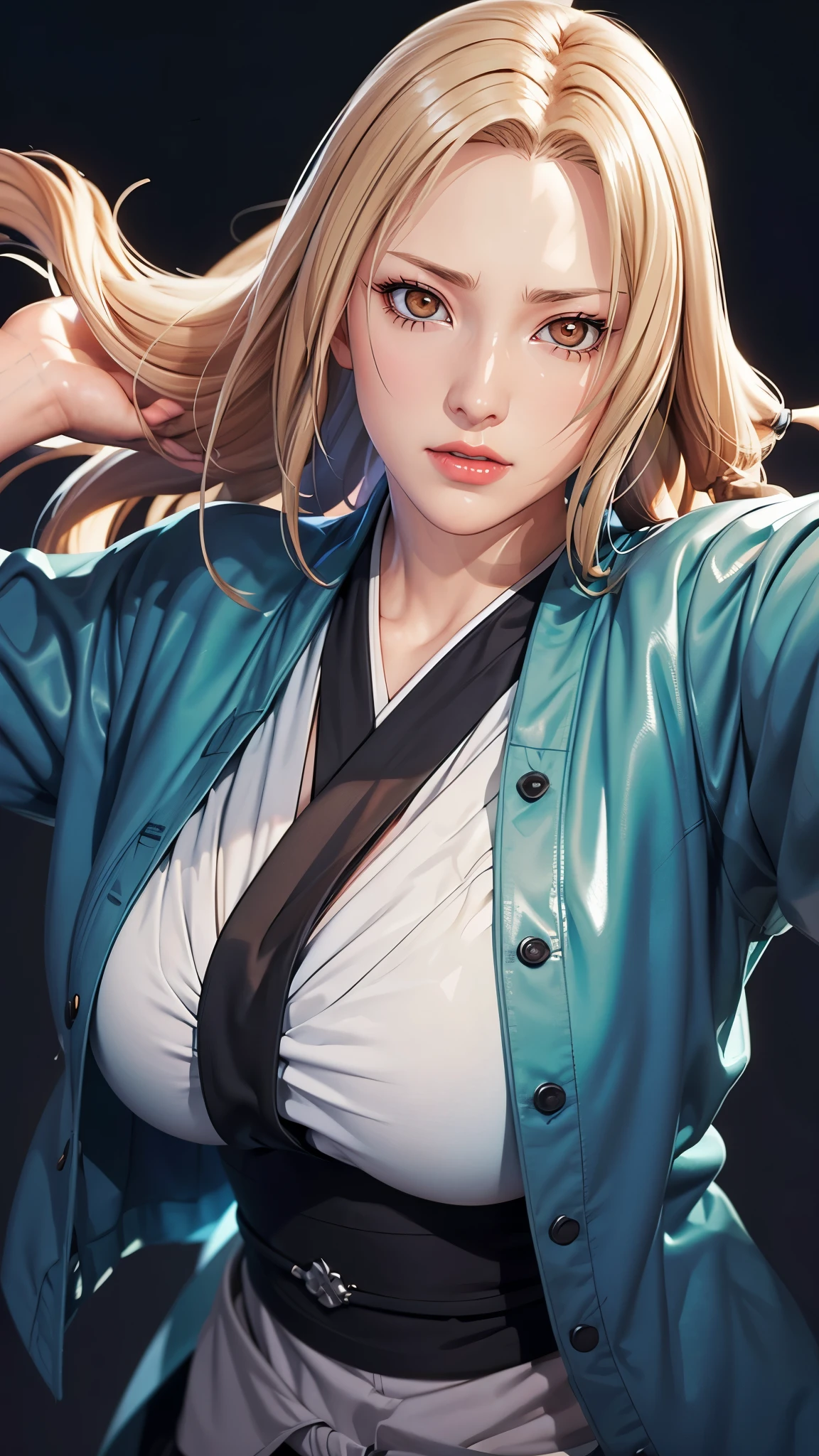 （（（Perfect figure，figure，独奏， White and tender skin，（（（cyberpunk，tsunade, Japanese clothes, sash, jacket，A tea green long jacket with black edges, black belt,  ））），（（（T5un4D3, Light yellow long hair, blue purple mark on forehead, light yellow thin short eyebrows, bright brown pupils, light red lipasterpiece)),high resolution, ((Best quality at best))，masterpiece，quality，Best quality，（（（ Exquisite facial features，Looking at the audience,There is light in the eyes，(（（Smile，confidence)））)，））），型figure:1.7））），（（（Light and shadow，Huge breasts））），（（（Looking at the camera，black background）））