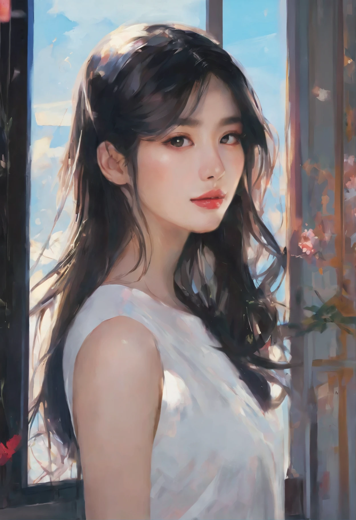 Painting of a woman with long hair and a white top - SeaArt AI