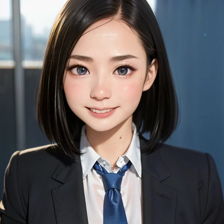 (kawaii 24 year-old Japanese girl, Nogizaka idol, Korean idol), (glossy hair, very short hair, forehead:1.3), (beautiful black eyes, rounded face, single eyelid, no makeup, laughing, even whitened teeth:1.2), (wearing suit jacket, collared shirt, necktie:1.3), (extra small breasts:0.9), (looking at camera:1.3), BREAK, (simple blue background, studio lighting:1.3), (view from forward, bust shot:1.3), BREAK, (masterpiece, best quality, photo realistic, official art:1.4), (UHD, 8K quality wallpaper, high resolution, raw photo, golden ratio:1.3), (shiny skin), professional lighting, physically based rendering, award winning, (highly detailed skin, extremely detailed face and eyes), Carl Zeiss 85 mm F/1.4, depth of field, 1girl, solo,
