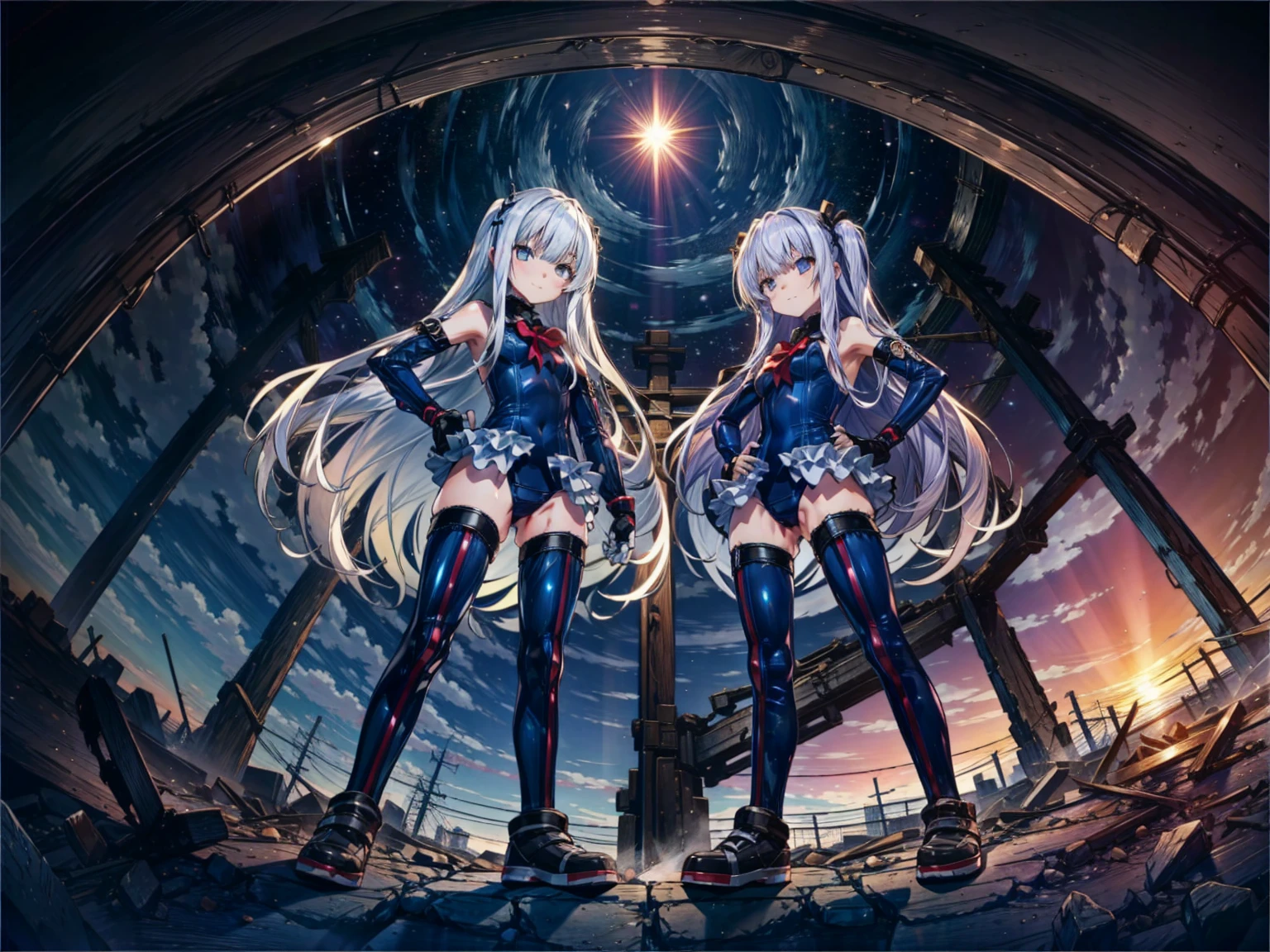 4k,perfect anatomy, highest quality, rose,evil smile,provocative attitude
,(2Young Girls greet dawn on top of a pile of rubble:1.1),evil smile,anime style,(white ruffle swimsuit, Thighhighs, removed sleeve), (anime style:1.4) ,
silver hair,(white fingers:1.1,black gloves),very long hair,evil aura,(from below:1.4),put both hands on hips,hypnoLora、
empty eyes,full body
