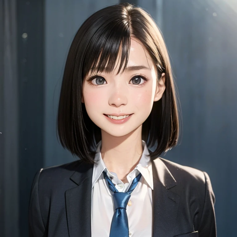 (kawaii 24 year-old Japanese girl, Nogizaka idol, Korean idol), (glossy hair, very short hair, bangs:1.3), (beautiful black eyes, rounded face, single eyelid, no makeup, laughing, even whitened teeth:1.2), (wearing suit jacket, collared shirt, necktie:1.3), (extra small breasts:0.9), (looking at camera:1.3), BREAK, (simple blue background, studio lighting:1.3), (view from forward, bust shot:1.3), BREAK, (masterpiece, best quality, photo realistic, official art:1.4), (UHD, 8K quality wallpaper, high resolution, raw photo, golden ratio:1.3), (shiny skin), professional lighting, physically based rendering, award winning, (highly detailed skin, extremely detailed face and eyes), Carl Zeiss 85 mm F/1.4, depth of field, 1girl, solo,