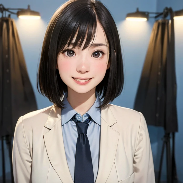 (kawaii 24 year-old Japanese girl, Nogizaka idol, Korean idol), (glossy hair, very short hair, bangs:1.3), (beautiful black eyes, rounded face, single eyelid, no makeup, laughing, even whitened teeth:1.2), (wearing suit jacket, collared shirt, necktie:1.3), (extra small breasts:0.9), (looking at camera:1.3), BREAK, (simple blue background, studio lighting:1.3), (view from forward, bust shot:1.3), BREAK, (masterpiece, best quality, photo realistic, official art:1.4), (UHD, 8K quality wallpaper, high resolution, raw photo, golden ratio:1.3), (shiny skin), professional lighting, physically based rendering, award winning, (highly detailed skin, extremely detailed face and eyes), Carl Zeiss 85 mm F/1.4, depth of field, 1girl, solo,