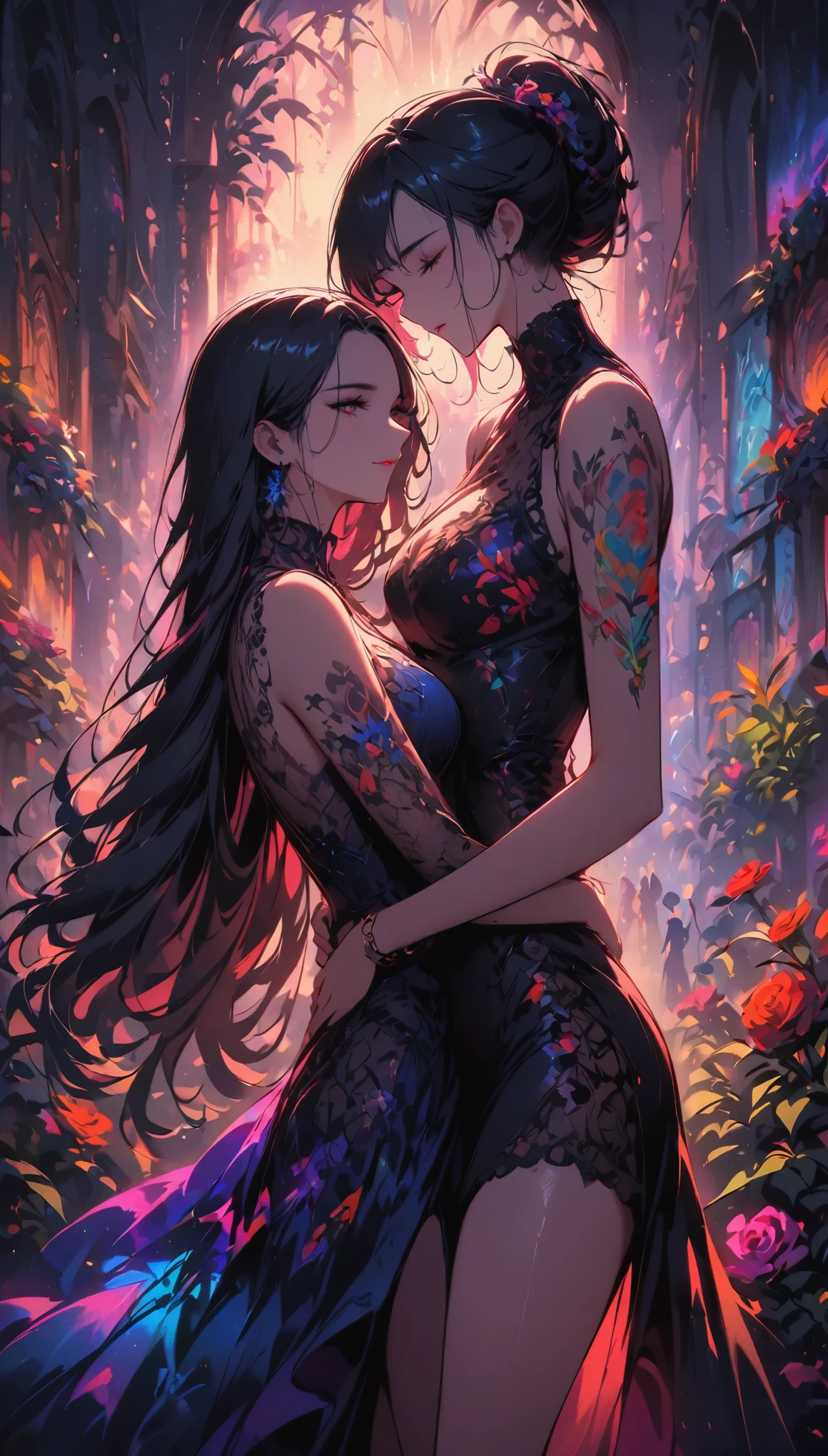 two women with tattoos on their arms and legs, surrounded by lush, green marijuana plants in a sunlit field. The women have intricate, colorful tattoos that accentuate their arms and legs. The artwork is inspired by lesbian art, with a focus on celebrating love and empowerment. The style of the artwork is reminiscent of renowned artists Loish and WLOP, known for their captivating and unique art. This is a commissioned piece that requires high resolution and attention to detail, ensuring that every stroke and shading showcases the beauty of the scene. The women in the artwork exude confidence and radiate happiness, their expressions portraying a deep connection and joy. The background is filled with vibrant green marijuana plants, providing a natural and organic backdrop for the scene. The lighting in the artwork is warm and vibrant, emphasizing the natural beauty of the field and enhancing the intricate details of the women's tattoos. The colors used in the art are vivid and inviting, creating a visually stunning piece. This artwork celebrates the beauty of femininity, love, and self-expression, while also highlighting the connection between art and cannabis culture.