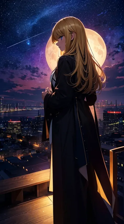 １people々々々々々々々々,blonde long-haired woman，long coat， dress silhouette， rear view，space sky, comet, anime style, city night view f...