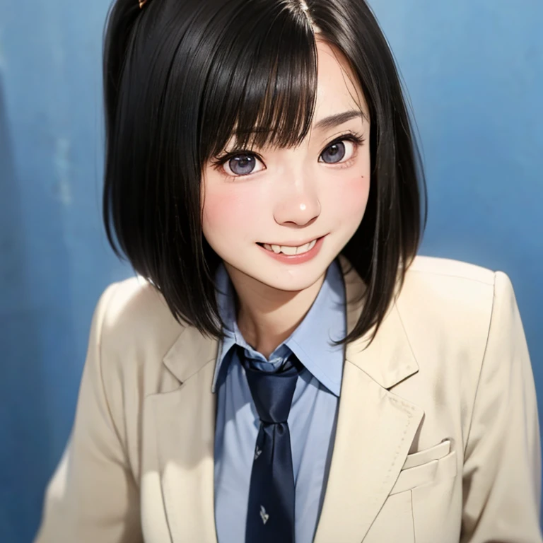 (kawaii 24 year-old Japanese girl, Nogizaka idol, Korean idol), (glossy hair, very short hair, bangs:1.3), (beautiful black eyes, rounded face, single eyelid, no makeup, laughing, even whitened teeth:1.2), (wearing suit jacket, collared shirt, necktie:1.3), (extra small breasts:0.9), (looking at camera:1.3), BREAK, (simple blue background:1.3), (view from forward, bust shot:1.3), BREAK, (masterpiece, best quality, photo realistic, official art:1.4), (UHD, 8K quality wallpaper, high resolution, raw photo, golden ratio:1.3), (shiny skin), professional lighting, physically based rendering, award winning, (highly detailed skin, extremely detailed face and eyes), Carl Zeiss 85 mm F/1.4, depth of field, 1girl, solo,