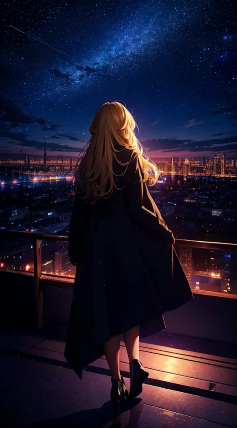 １people々々々々々々々々,blonde long-haired woman，long coat， dress silhouette， rear view，space sky, comet, anime style, city night view f...