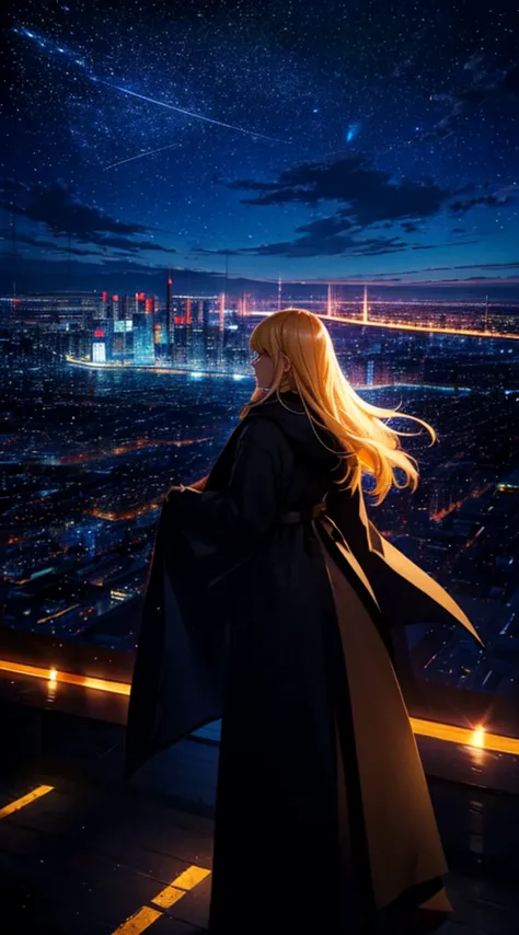 １people々々々々々々々々,blonde long-haired woman，long coat， dress silhouette， rear view，space sky, comet, anime style, city night view f...