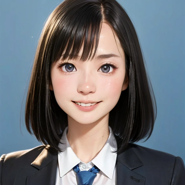 (kawaii 24 year-old Japanese girl, Nogizaka idol, Korean idol), (glossy hair, very short hair, bangs:1.3), (beautiful black eyes, rounded face, single eyelid, no makeup, laughing, even whitened teeth:1.2), (wearing suit jacket, collared shirt, necktie:1.3), (extra small breasts:0.9), (looking at camera:1.3), BREAK, (simple blue background:1.3), (view from forward, bust shot:1.3), BREAK, (masterpiece, best quality, photo realistic, official art:1.4), (UHD, 8K quality wallpaper, high resolution, raw photo, golden ratio:1.3), (shiny skin), professional lighting, physically based rendering, award winning, (highly detailed skin, extremely detailed face and eyes), Carl Zeiss 85 mm F/1.4, depth of field, 1girl, solo,