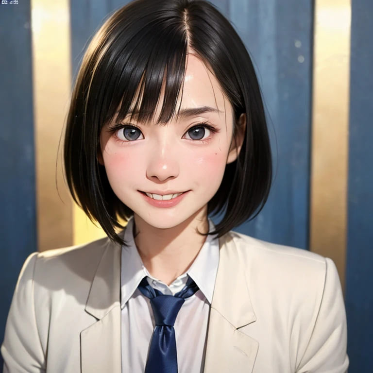 (kawaii, jeune japonaise de 24 ans, Idole Nogizaka, Idole coréenne), (cheveux brillants, cheveux très courts, frange:1.3), (Beaux yeux noirs, Visage arrondi, Paupière unique, Sans maquillage, en riant, même les dents blanchies:1.2), (porter une veste de costume, chemise à col, cravate:1.3), (seins très petits:0.9), (regarder la caméra:1.3), casser, (fond bleu simple:1.3), (vue de l&#39;avant, coup de buste:1.3), casser, (chef-d&#39;œuvre, Meilleure qualité, photo réaliste, art officiel:1.4), (UHD, Fond d&#39;écran de qualité 8K, haute résolution, photo brute, Nombre d&#39;or:1.3), (peau brillante), Éclairage professionnel, Rendu physique, primé, (peau très détaillée, visage et yeux extrêmement détaillés), Carl Zeiss 85mm F/1.4, profondeur de champ, 1fille, seulement,