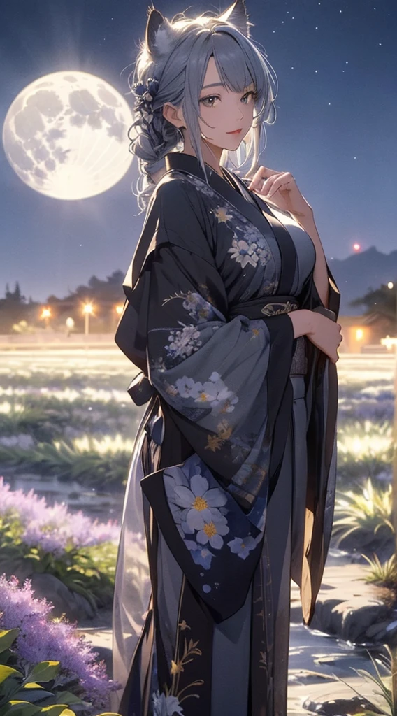 masterpiece, high quality, 4K, Beautiful design, silhouette，Gray Hair， 非常に詳細な夜のStarry Sky,Flower Field， wonderful, Finer details,  Very knowledgeable woman, Highly detailed solo, 1 female,Cat ear，Big Breasts，kimono，Night view，Starry Sky，full moon，