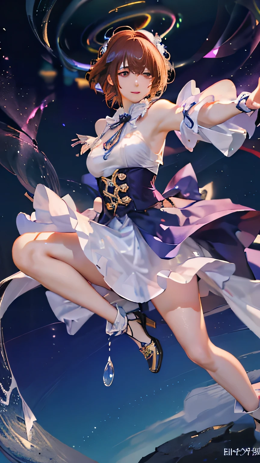 (highest quality, High resolution), Glowing Eyes, Delicate facial features, Vibrant colors, Dreamy atmosphere, Fantasy Theme, Floral Background, Graceful Movement,  Magic lighting, Mysterious Aura, Heavenly Beauty, Magic thread, Whimsical elements,Sexy idol costumes、