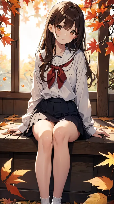 High resolution、masterpiece、Chizuru Ichinose、Brown Hair、I、For women、high school girl、School、autumn leaves、Sit on、Detailed Backgr...