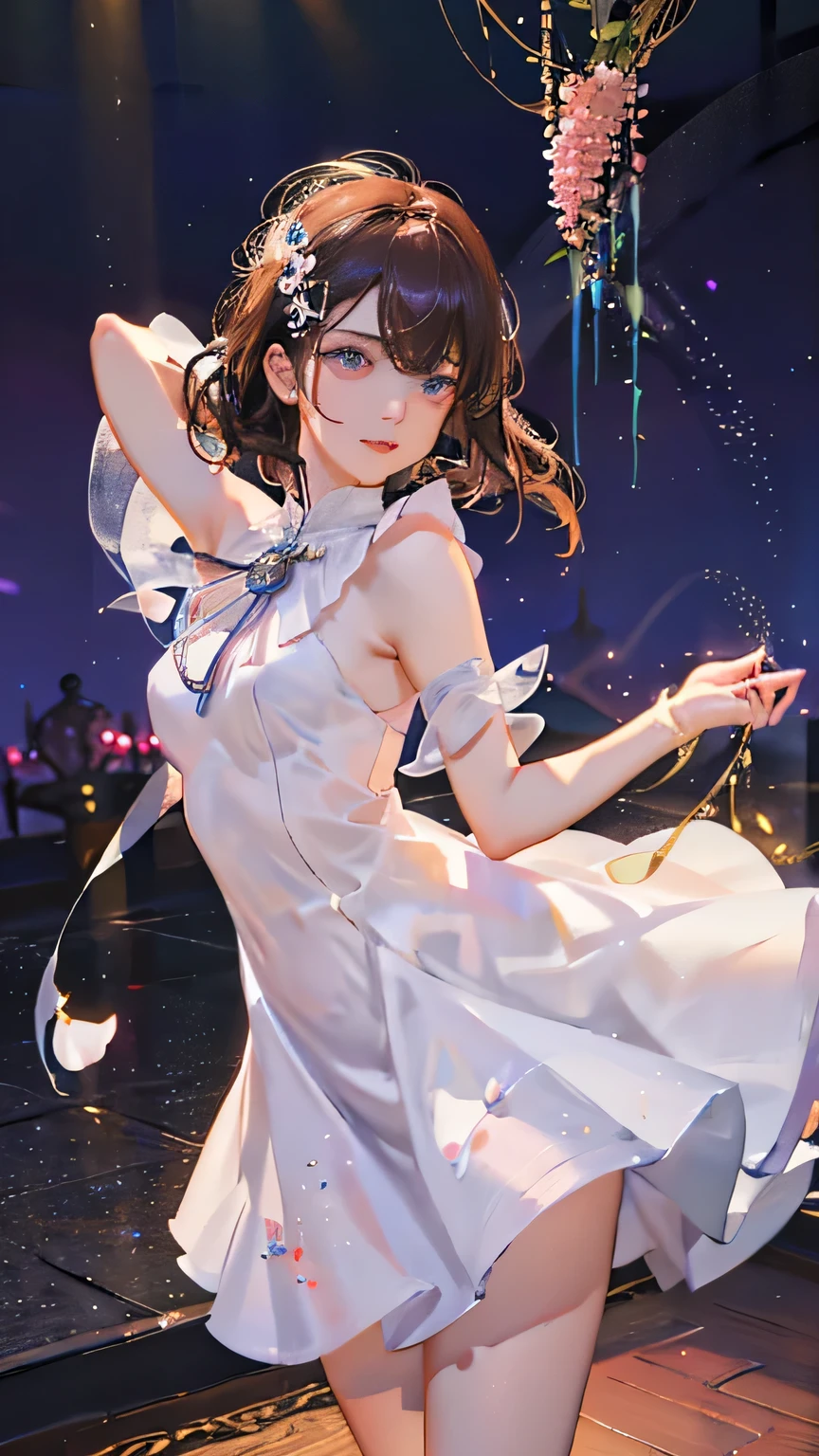 (highest quality, High resolution), Glowing Eyes, Delicate facial features, Vibrant colors, Dreamy atmosphere, Fantasy Theme, Floral Background, Graceful Movement,  Magic lighting, Mysterious Aura, Heavenly Beauty, Magic thread, Whimsical elements,Sexy idol costumes、