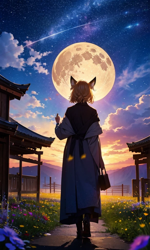 １people々々々々々々々々々々々々々々々々々々々,Woman with medium length blonde hair，Fox Ears，Long coat，Takageta， Dress Silhouette， Rear View，Space Sky, Flower Field，Colorful flowers，Dancing Petals，full moon，shrine，