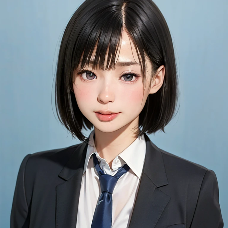 NSFW, (kawaii 24 year-old Japanese girl, Nogizaka idol, Korean idol), (glossy hair, very short hair, bangs:1.3), (beautiful black eyes, rounded face, single eyelid, no makeup, almost closed eyes, sticking out one's tongue:1.2), (wearing suit jacket, collared shirt, necktie:1.3), cum on face, (extra small breasts:0.9), (looking at camera:1.3), BREAK, (simple blue background:1.3), (view from forward, bust shot:1.3), BREAK, (masterpiece, best quality, photo realistic, official art:1.4), (UHD, 8K quality wallpaper, high resolution, raw photo, golden ratio:1.3), (shiny skin), professional lighting, physically based rendering, award winning, (highly detailed skin, extremely detailed face and eyes), Carl Zeiss 85 mm F/1.4, depth of field, 1girl, solo,