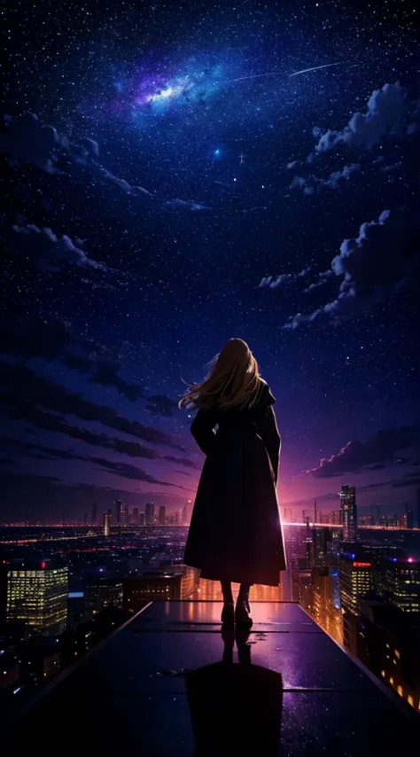 １people々々々々々々々々々,blonde long-haired woman，long coat， dress silhouette， rear view，space sky, comet, anime style, city night view ...