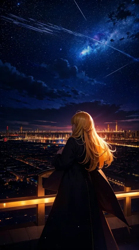 １people々々々々々々々々々,blonde long-haired woman，long coat， dress silhouette， rear view，space sky, comet, anime style, city night view ...