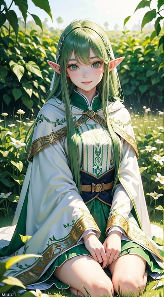 top-quality,masuter piece,((elf)),Delicately drawn face,1 girl with long green hair sitting in a field of green plants and flowers,beautiful detailed green eyes,((white cape cloak)),sense of deps,disorganized,catch light,Film Lighting,beautiful illustrations,smile