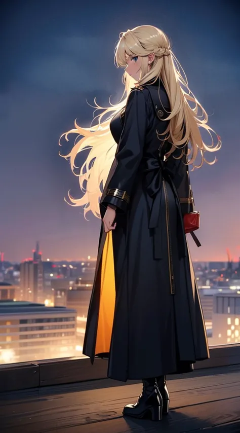 １people々々々々々々々々々,blonde long-haired woman，long coat， dress silhouette， rear view，space sky, comet, anime style, city night view ...