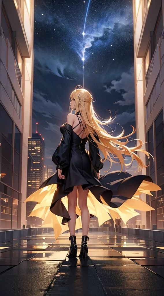 １people々々々々々々々々々々,Blonde long-haired woman， Dress Silhouette， Rear View，Space Sky, comet, Anime Style, City night view from the rooftop，Countless crosses of light in the city，