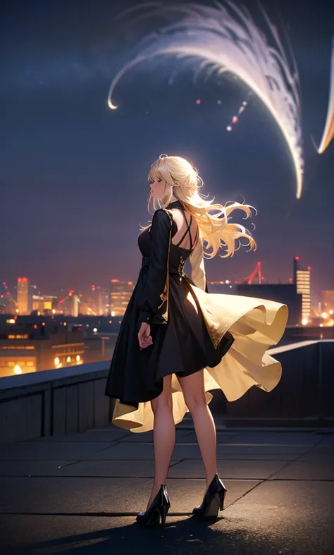 １people々々々々々々々々々々々,blonde long-haired woman， dress silhouette， rear view，space sky, comet, anime style, city night view from the...