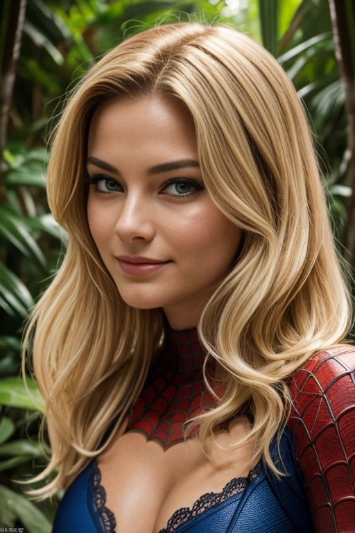 , 25 ans, delicate, poudre de contour, sexy, spiderman cosplay, intricate details, French touch, cheveux de longueur moyenne, cheveux blonds, yeux bleus, sourire romantique, seductive look, bonne couverture, de nuit, éclairée par les flashes des photographes, skin details, pores de la peau, sexy, Samsung S22 Ultra digital camera, dans la jungle