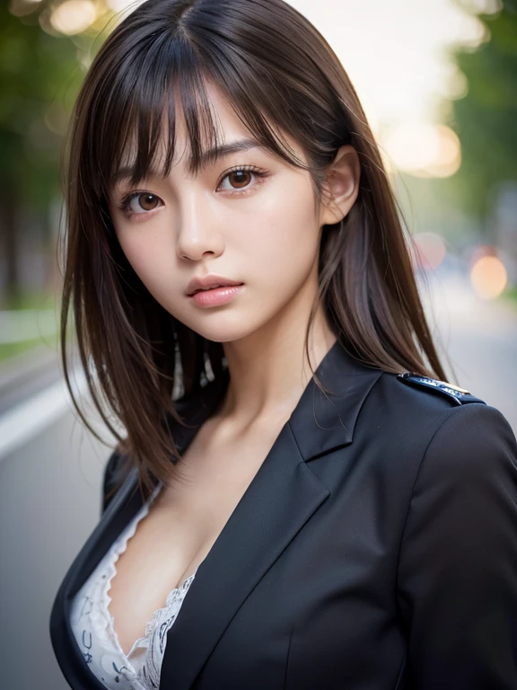 master piece, best quality, ultrahigh res, (photorealistic:1.4), raw photo, 8K photo, Japanese young model, 14 years old, slim face, police uniform, blurry background, cleavage, grey eyes, Back Pose, at Seaart, look at us , brown hair,medium hair,asymmetrical hair, asymmetrical bangs, realistic,(natural skin texture, detailed skin, detailed soft eyes, detailed hair, detailed cute lips, hyperrealism, ultra sharpness, intricate details), 