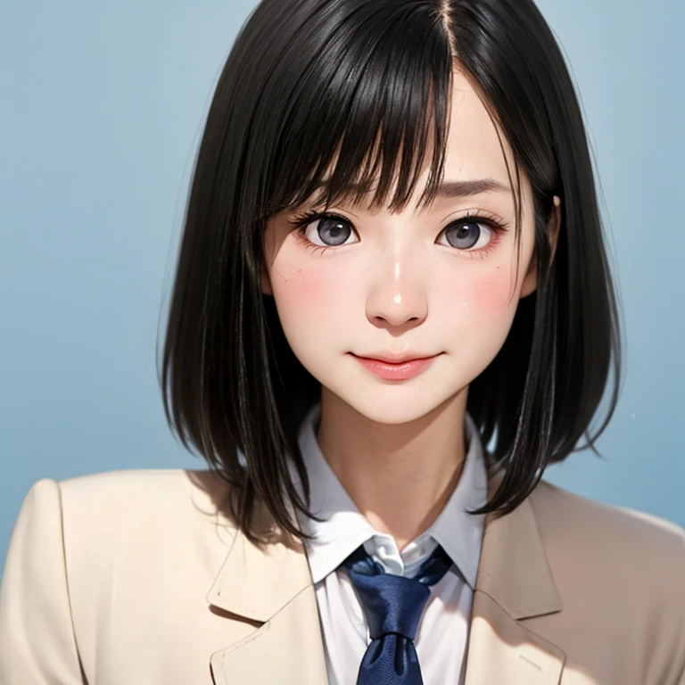NSFW, (kawaii 24 year-old Japanese girl, Nogizaka idol, Korean idol), (glossy hair, very short hair, bangs:1.3), (beautiful black eyes, rounded face, single eyelid, no makeup, shy, noseblush, half closed eyes, half opened mouth:1.3), (wearing suit jacket, collared shirt, necktie:1.3), (cum on face:1.5), (extra small breasts:0.9), (looking at camera:1.3), BREAK, (simple blue background:1.3), (view from forward, bust shot:1.3), BREAK, (masterpiece, best quality, photo realistic, official art:1.4), (UHD, 8K quality wallpaper, high resolution, raw photo, golden ratio:1.3), (shiny skin), professional lighting, physically based rendering, award winning, (highly detailed skin, extremely detailed face and eyes), Carl Zeiss 85 mm F/1.4, depth of field, 1girl, solo,