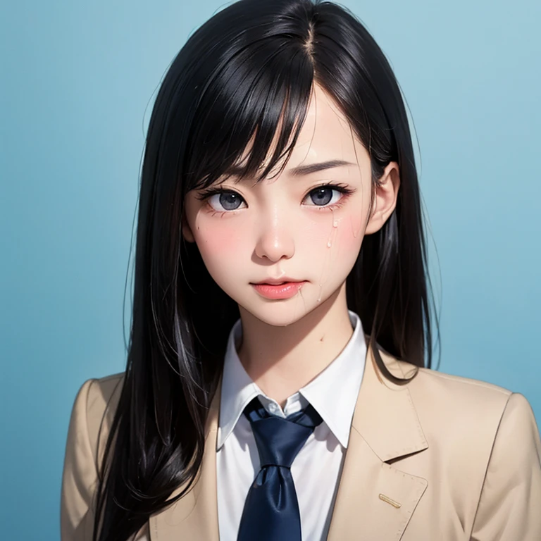 NSFW, (kawaii 24 year-old Japanese girl, Nogizaka idol, Korean idol), (glossy hair, very short hair, bangs:1.3), (beautiful black eyes, rounded face, single eyelid, no makeup, shy, noseblush, half closed eyes, half opened mouth, drooling:1.5), (wearing suit jacket, collared shirt, necktie:1.3), (cum on face:1.5), (extra small breasts:0.9), (looking at camera:1.3), BREAK, (simple blue background:1.3), (view from forward, bust shot:1.3), BREAK, (masterpiece, best quality, photo realistic, official art:1.4), (UHD, 8K quality wallpaper, high resolution, raw photo, golden ratio:1.3), (shiny skin), professional lighting, physically based rendering, award winning, (highly detailed skin, extremely detailed face and eyes), Carl Zeiss 85 mm F/1.4, depth of field, 1girl, solo,
