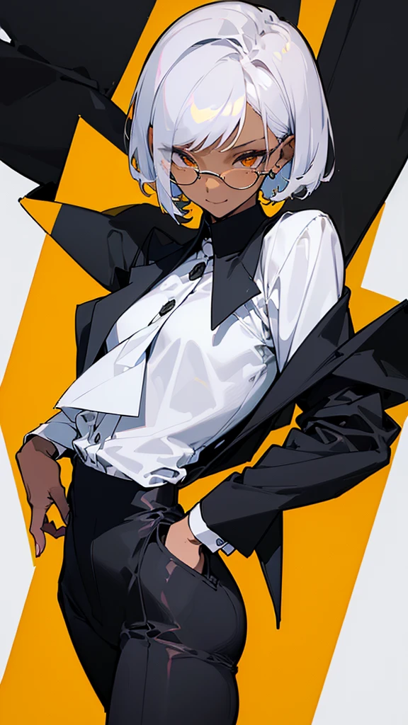 (highest quality、masterpiece:1.2) 1 Female、adult、((Dark skinned women、long white short hair、Hair over the ears)) Golden Eyes、Glasses、((Black business suit、Black tailored jacket、White shirt、Black pantsuit)) (Office Background) (Malicious smile) sharp eye