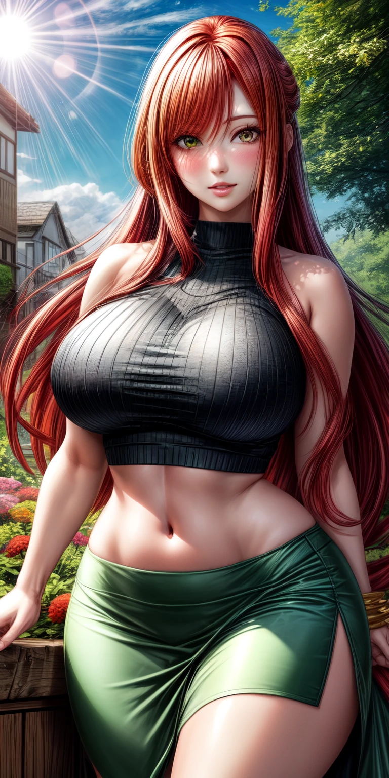 A woman with red hair and a black top is posing in front of a fence -  SeaArt AI