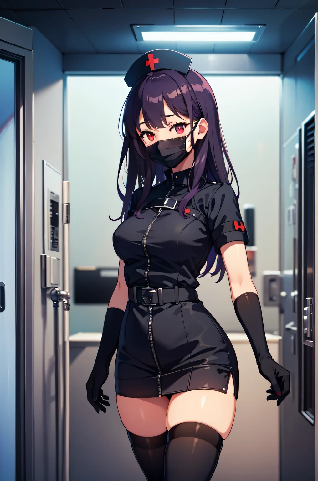 black nurse, 1woman, solo, black nurse cap, black nurse uniform, ((black legwear, zettai ryouiki)), black elbow gloves, long hair, purple hair, red eyes, ((black surgical mask, covered nose)), standing, ((surgery room)), sharp outline, short sleeves, mature female, 35 years old, best quality, masterpiece