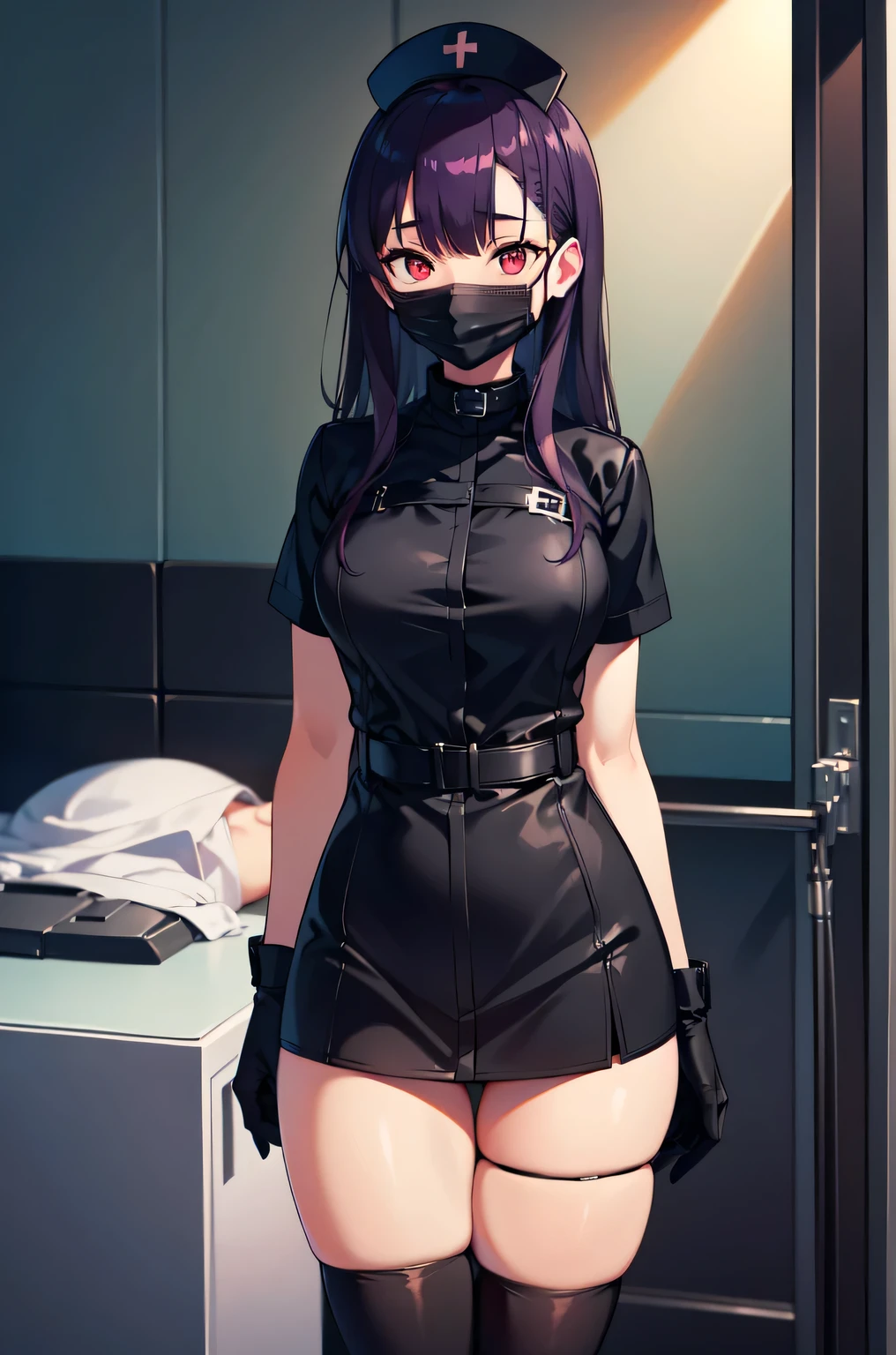 black nurse, 1woman, solo, black nurse cap, black nurse uniform, ((black legwear, zettai ryouiki)), black elbow gloves, long hair, purple hair, red eyes, ((black surgical mask, covered nose)), standing, ((surgery room)), sharp outline, short sleeves, mature female, 35 years old, best quality, masterpiece