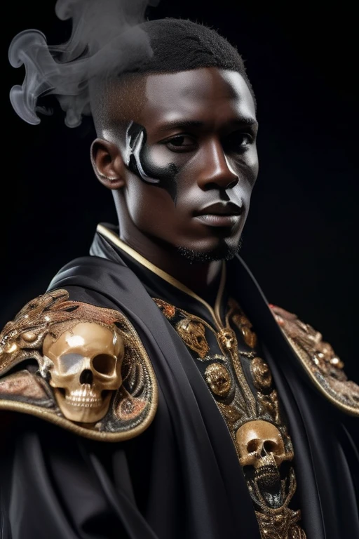 male soccer player standing sideways, black skin, brown hair, parted hair, wearing elaborate robe.half-body-shot, masterpiece, perfect face, intricate details,  epoxy_skull surrounded by black smoke, 