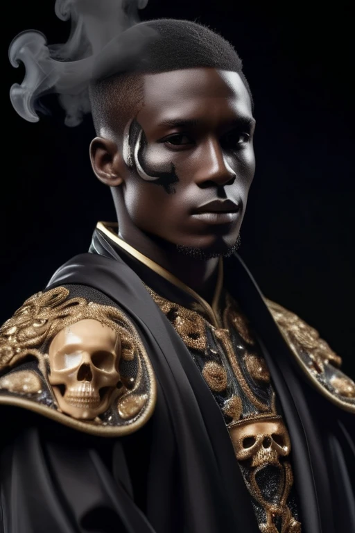 joueur de football masculin debout sur le côté, Peau noire, cheveux bruns, cheveux séparés, porter une robe élaborée.tir à moitié du corps, chef-d&#39;œuvre, visage parfait, détails complexes,  époxy_crâne entouré de fumée noire, cheveux séparés, cheveux style preppy, cheveux couleur caramel