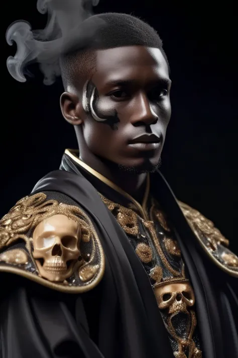 male soccer player standing sideways, black skin, brown hair, parted hair, wearing elaborate robe.half-body-shot, masterpiece, p...