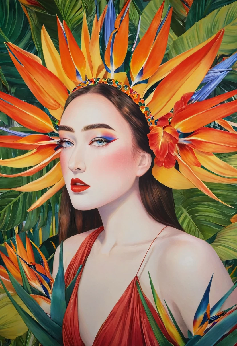 "(best quality,4k,8k,highres,masterpiece:1.2),ultra-detailed,portrait,fashion fusion:bright colors,stylized background,Bird of Paradise (Strelitzia),solo girl,exotic flower crown,detailed eyes and lips,flowy dress,confident pose,artistic lighting"