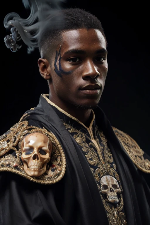 male soccer player standing sideways, black skin, brown hair, parted hair, wearing elaborate robe.half-body-shot, masterpiece, perfect face, intricate details,  epoxy_skull surrounded by black smoke, parted hair, preppy style hair, caramel color hair