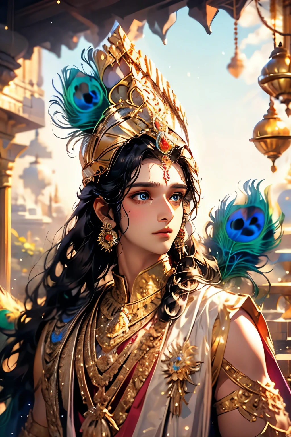 Lord Krishna, animated style, closeup shot, anime in a yellow indian dress, long black hair tied with peacock feathers, innocent expression, bright big blue eyes, holding a round crystal, natural beauty, vibrant colors, dreamy, northern light, pink bubble, romantic, soft lighting, vintage aesthetic