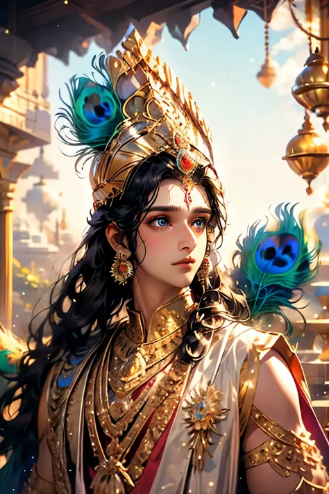 Lord Krishna, animated style, closeup shot, anime in a yellow indian dress, long black hair tied with peacock feathers, innocent...