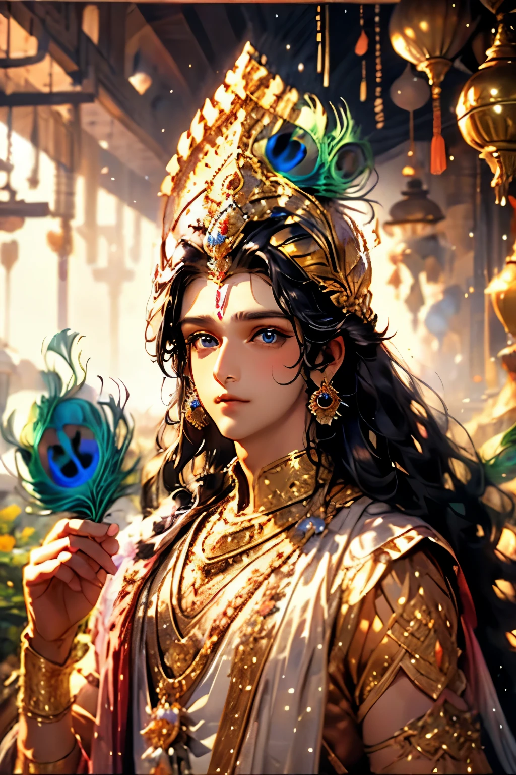 Lord Krishna, animated style,  anime in a yellow indian dress, long black hair tied with peacock feathers, innocent expression, bright big blue eyes, holding a round crystal, natural beauty, vibrant colors, dreamy, northern light, pink bubble, romantic, soft lighting, vintage aesthetic