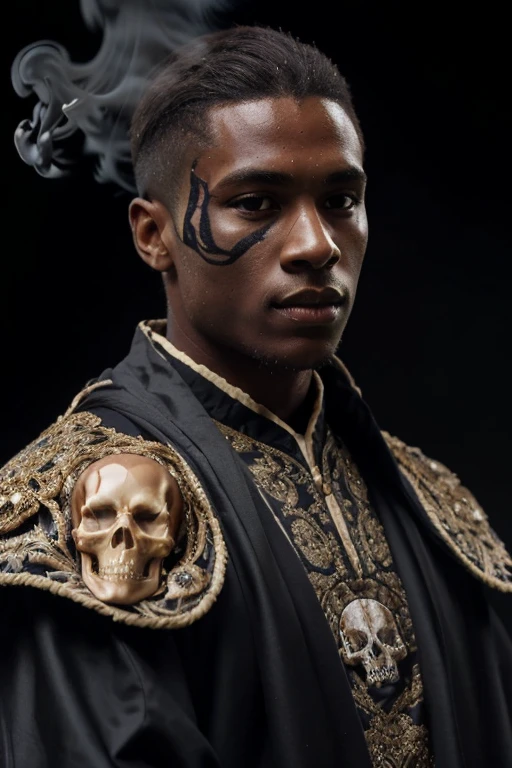 male soccer player standing sideways, black skin, brown hair, parted hair, wearing elaborate robe.half-body-shot, masterpiece, perfect face, intricate details,  epoxy_skull surrounded by black smoke, parted hair, preppy style hair, caramel color hair