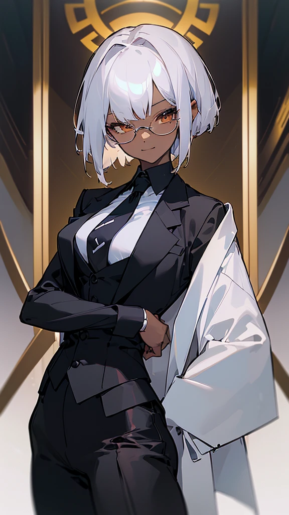 (highest quality、masterpiece:1.2) 1 Female、adult、((Dark skinned women、long white short hair、Hair over the ears)) Golden Eyes、Glasses、((Black business suit、Black tailored jacket、White shirt、Black pantsuit)) Tight tie (Malicious smile) sharp eye, wire,